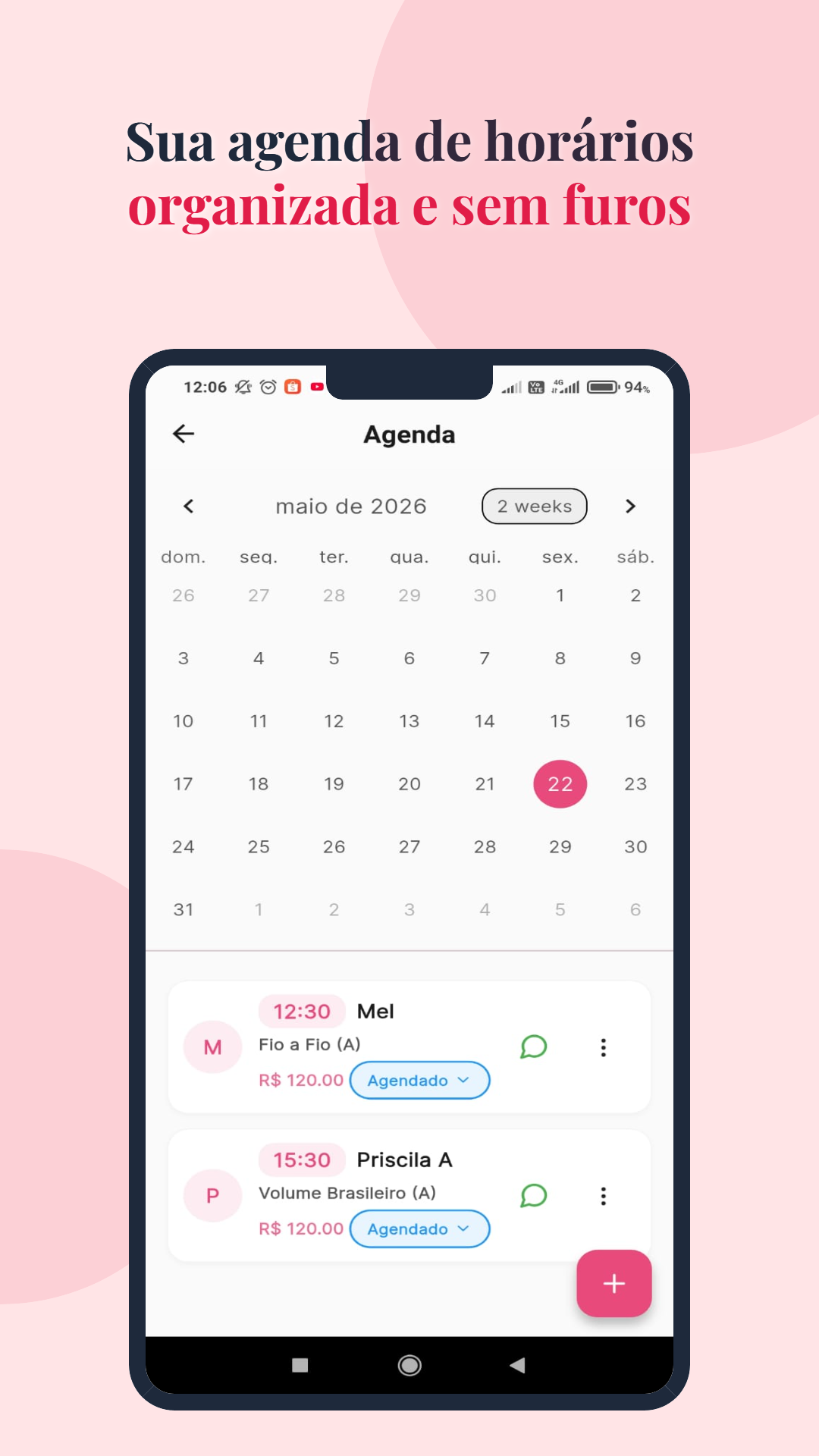 Agenda semanal do Lash Designer Pro